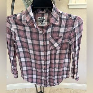Justice girls “Perfect Plaid” pink plaid button down shirt
